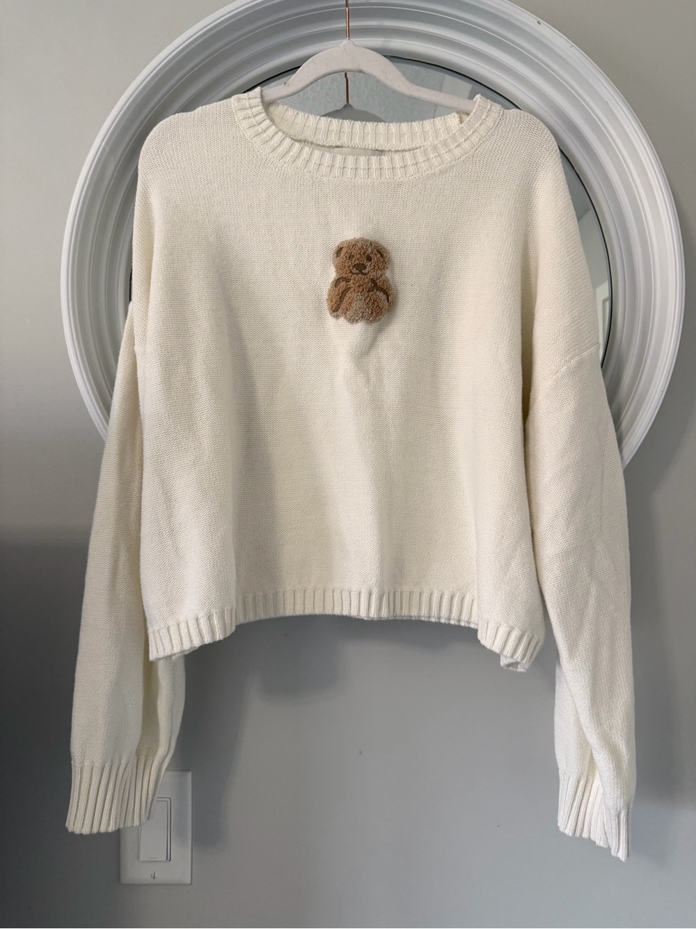 Sincerely Jules Cream Crewneck Sweater with Brown Teddy Applique